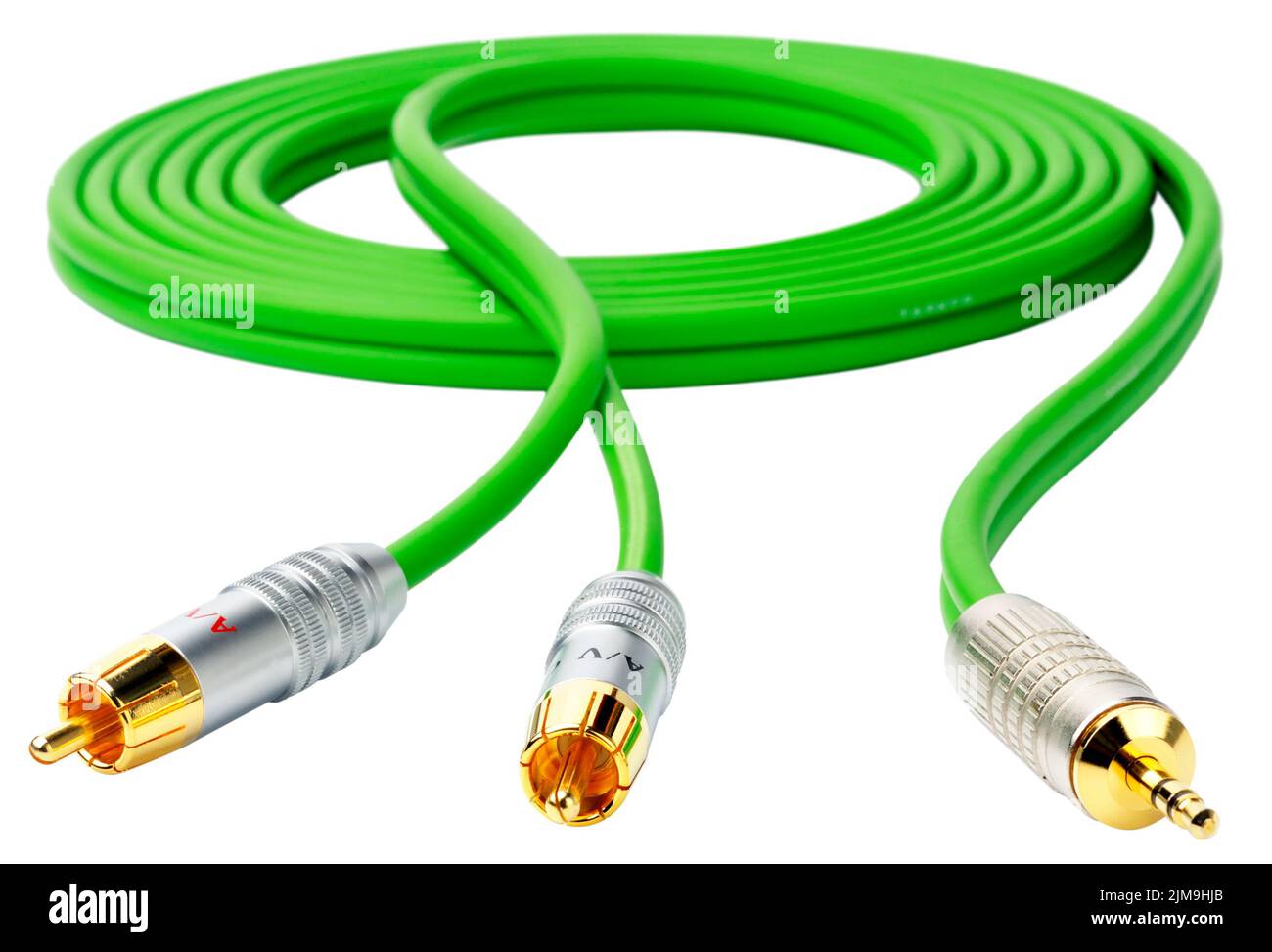 Green audio cable with three connectors isolated on white Stock Photo