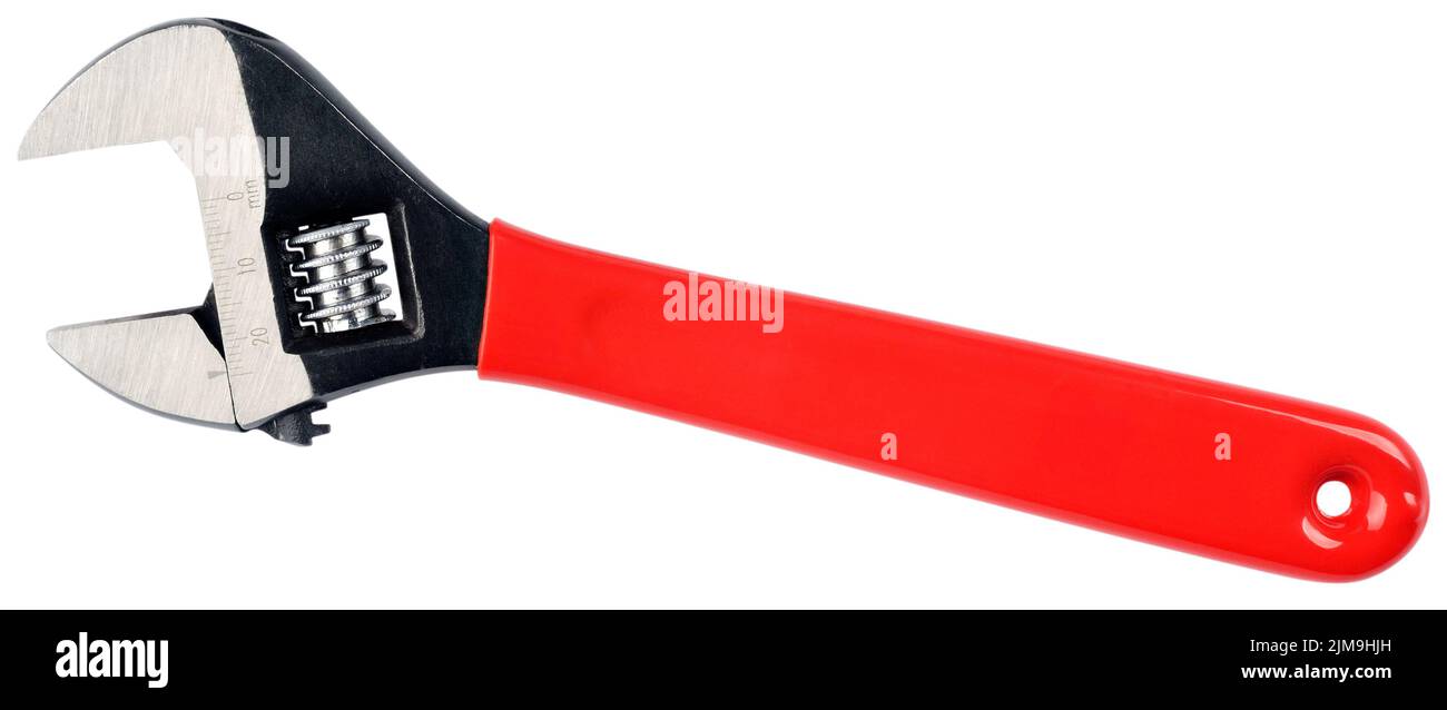 Adjustable steel spanner with red plastic handle isolated on white