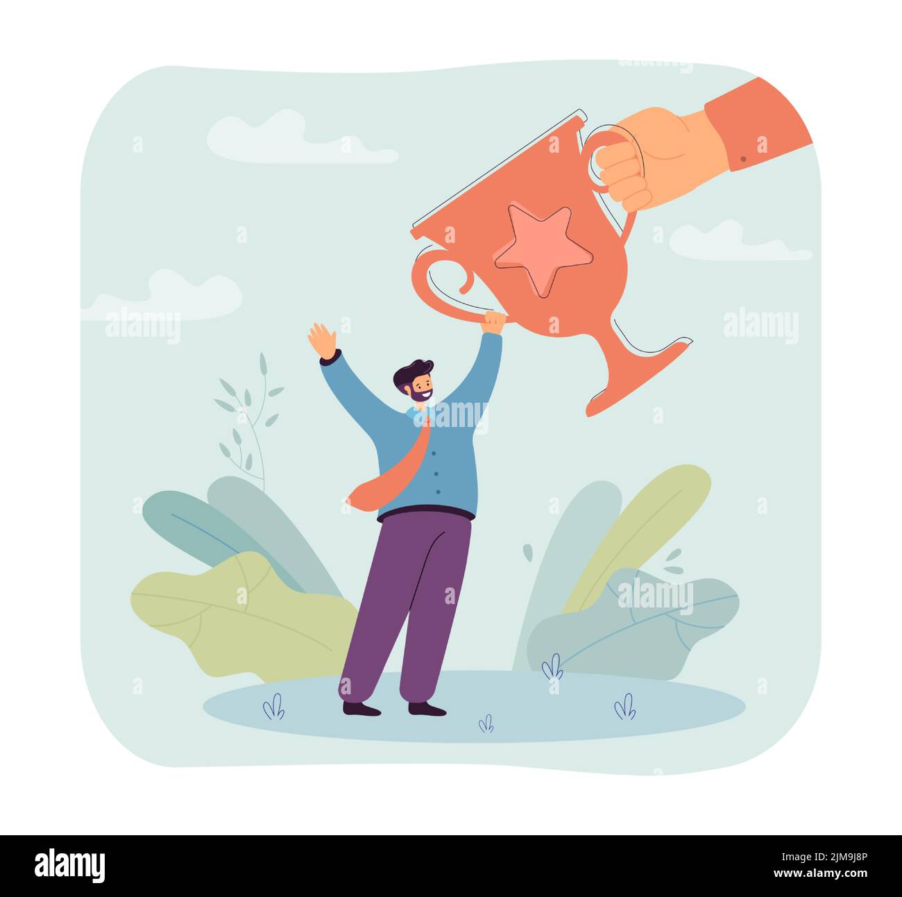 Hand giving golden cup to businessman flat vector illustration. Happy winner holding his trophy, celebrating victory. Competition, award, success conc Stock Vector