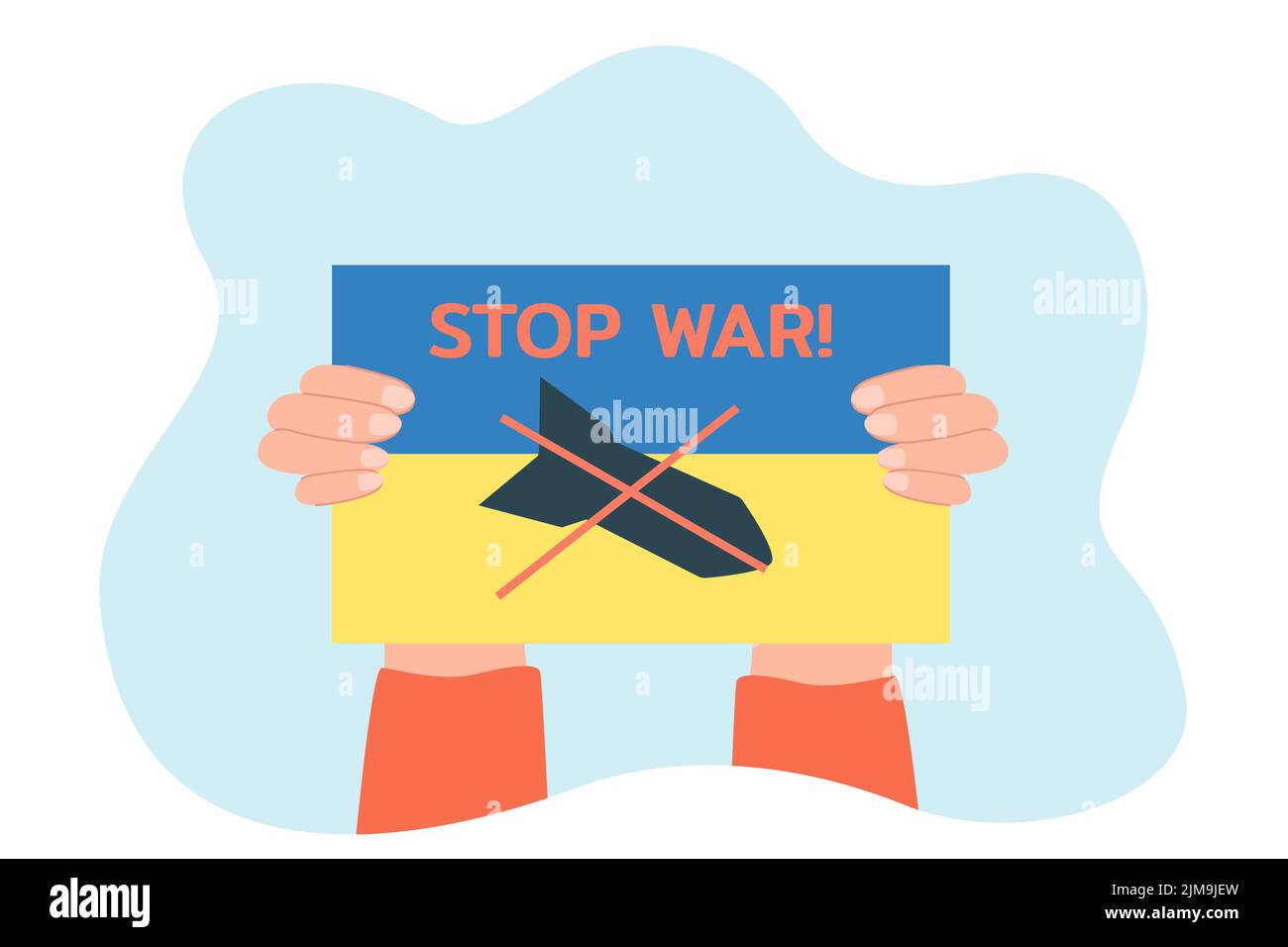 Hands holding Ukrainian flag, stop war message, cross on missile. Persons protest against conflict in Ukraine flat vector illustration. Peace concept Stock Vector