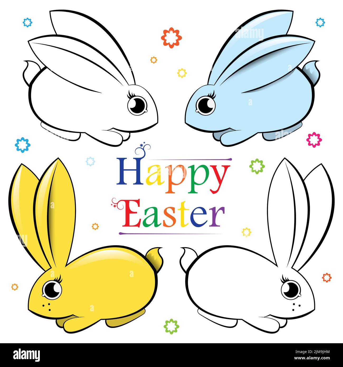 Easter. Vector set of rabbits. Contour and painted Stock Photo
