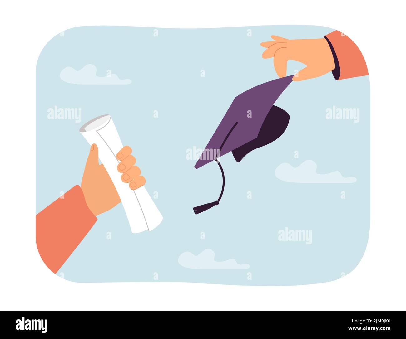 Person getting diploma. Two hands exchanging student cap and diploma. Education, university concept for banner, website design or landing web page Stock Vector