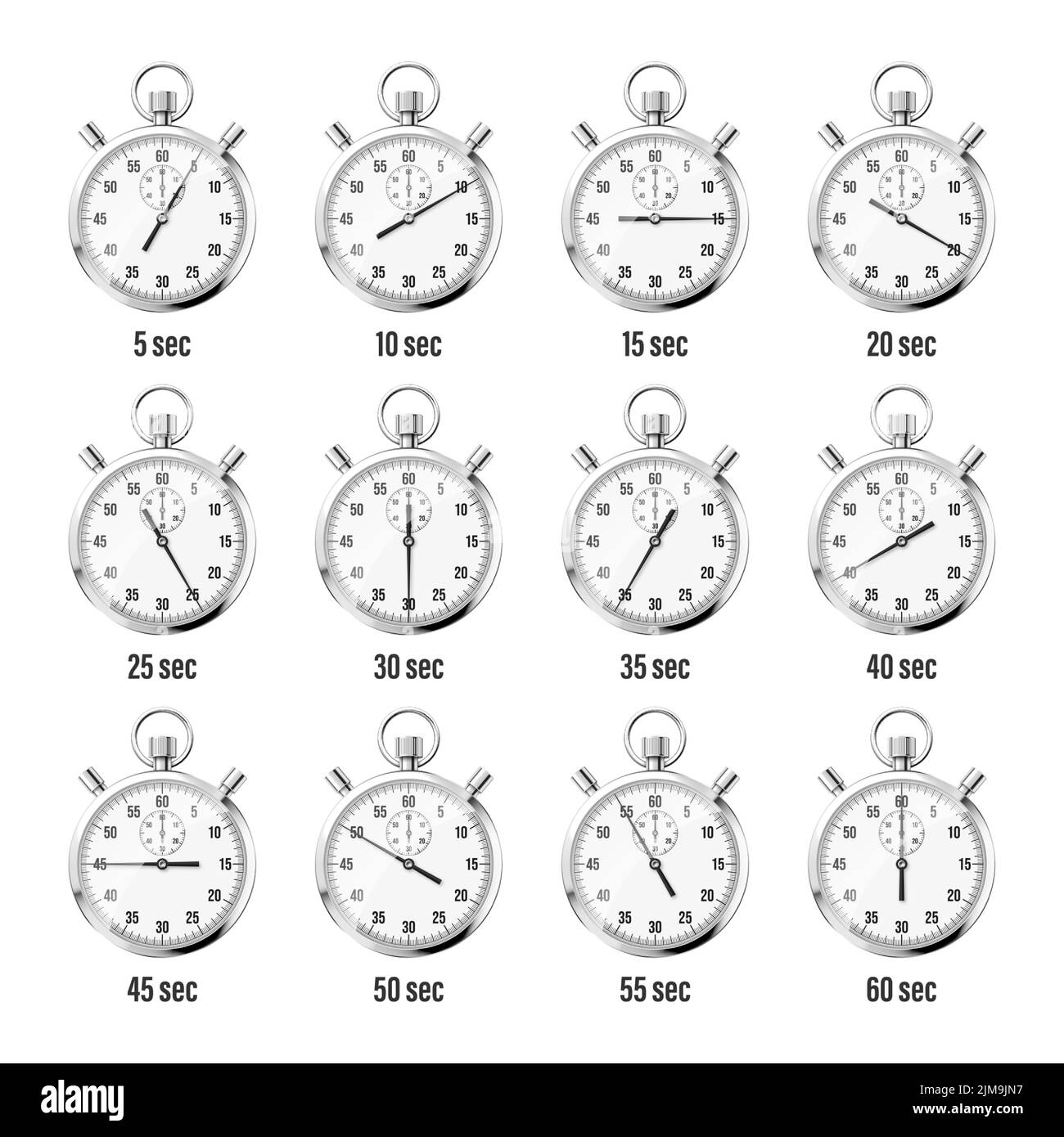 Realistic classic stopwatch icons. Shiny metal chronometer, time