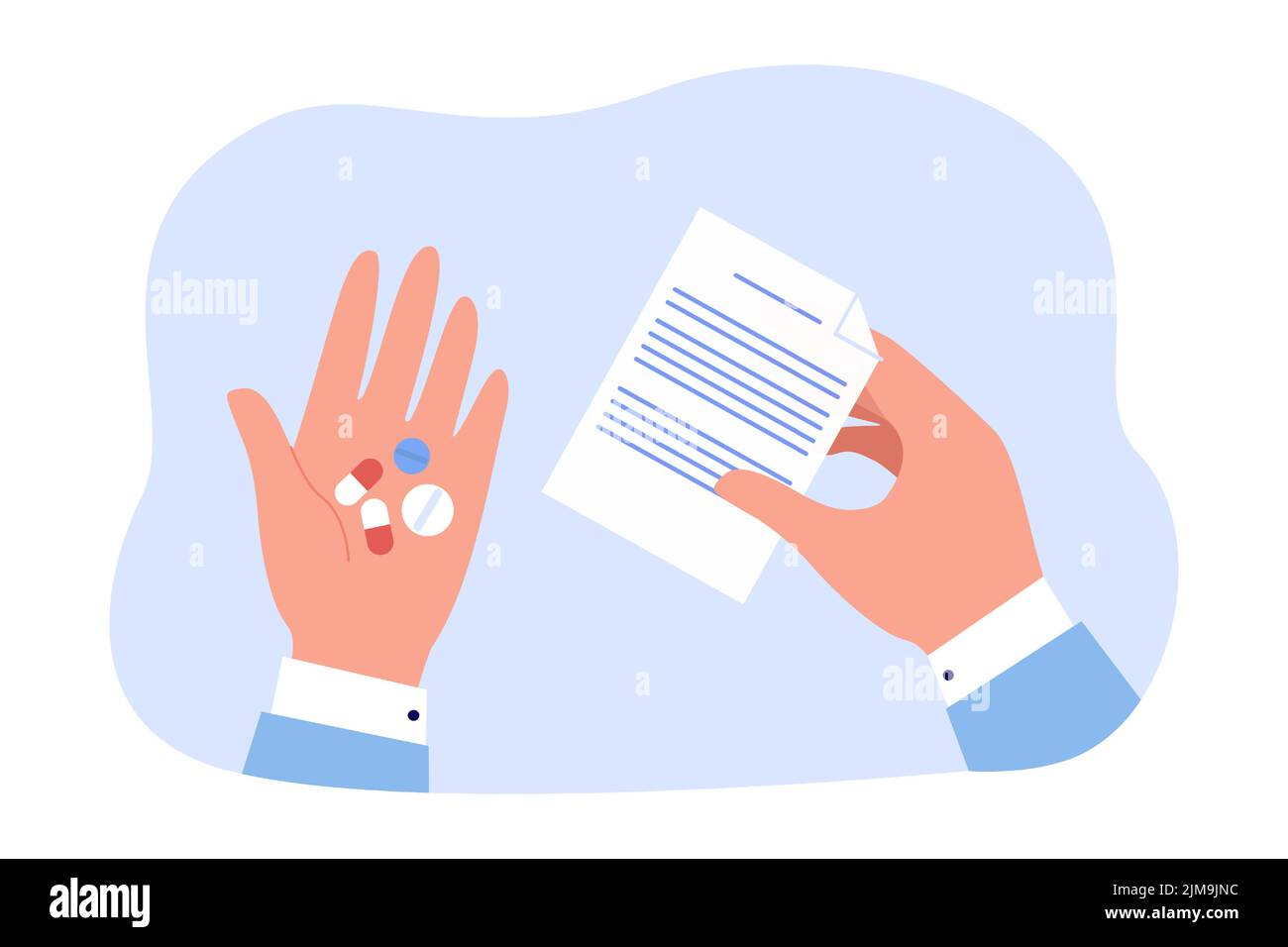 Pills and prescription in human hands flat vector illustration. Patient