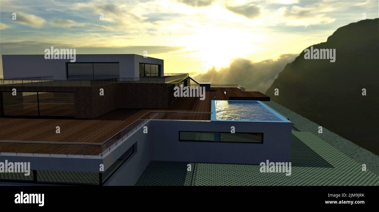 Luxurious modern estate high in the mountains. Spacious terrace overlooking the canyon. Dawn. Cloudy sky. 3d render. Stock Photo