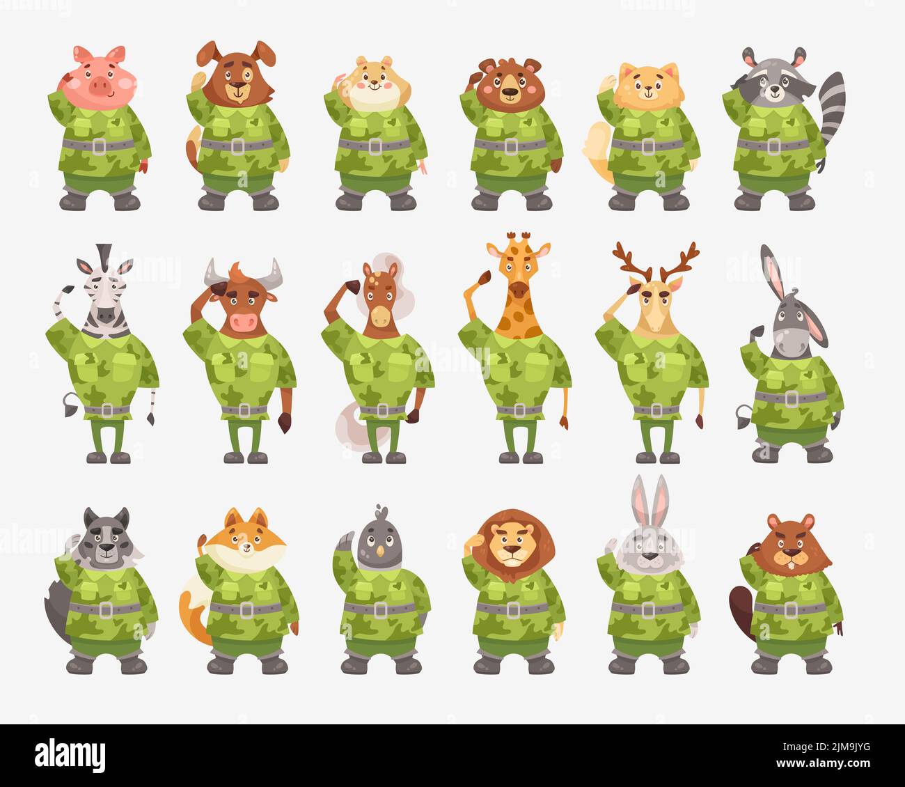 Cute animal soldiers in camouflage cartoon illustration set. Serious pig, dog, giraffe, beaver, bear, zebra, cat, lion in military uniform saluting of Stock Vector