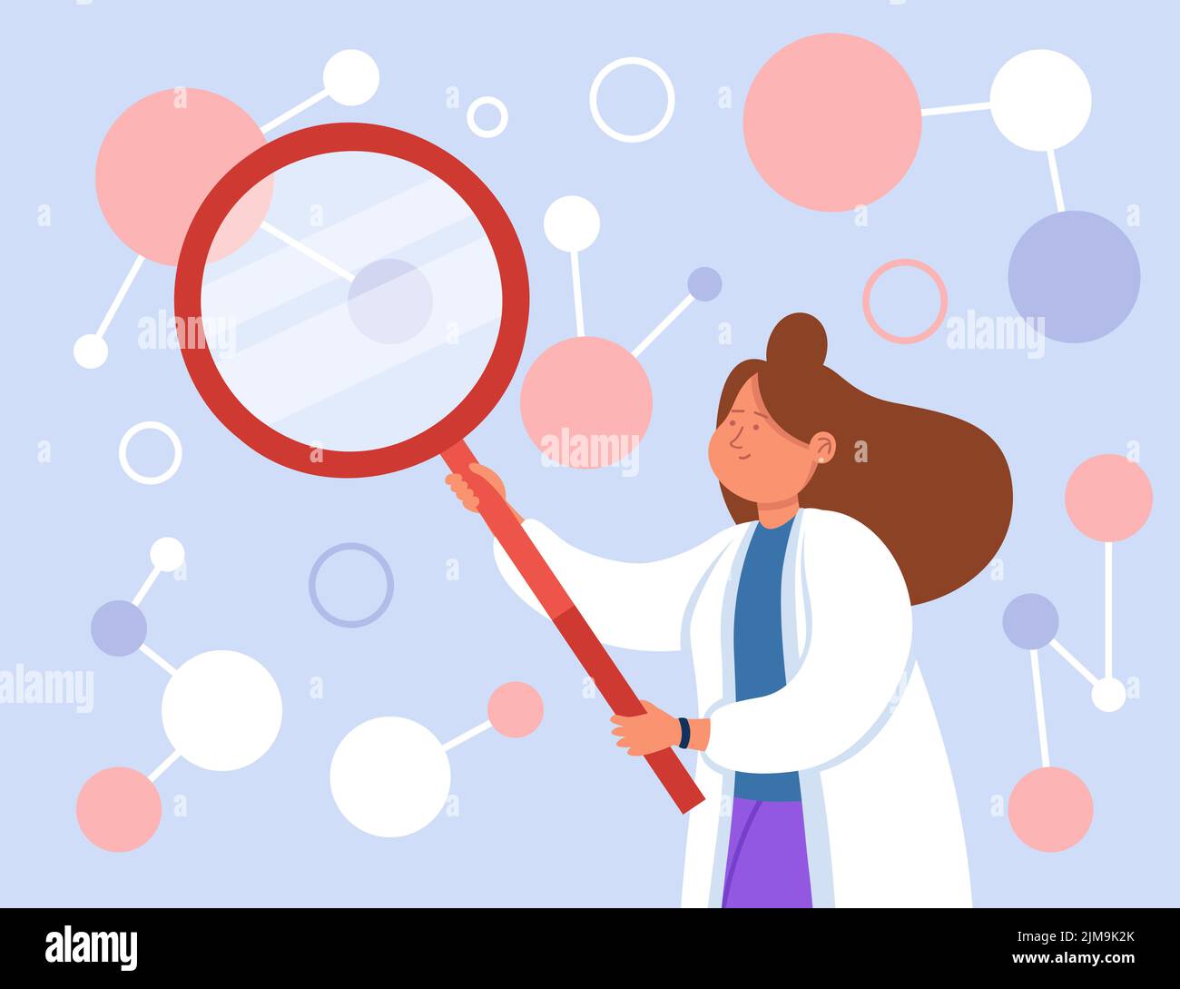 Scientist looking at molecules through magnifier. Female doctor doing research, exploring neurons, using scientific algorithms flat vector illustratio Stock Vector