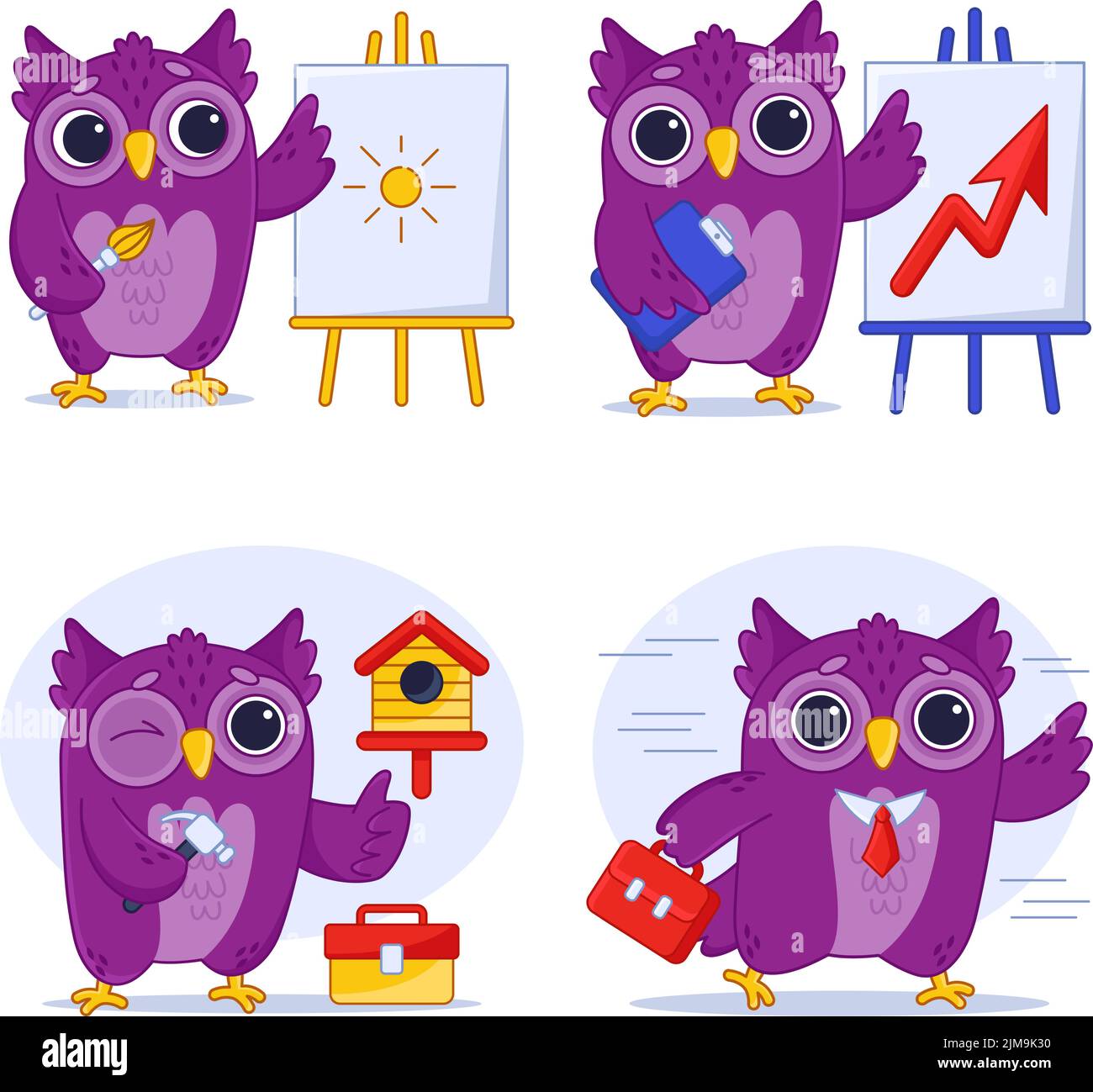 Set of cartoon owl going to work, drawing on easel, building birdhouse, analyzing statistics Stock Vector