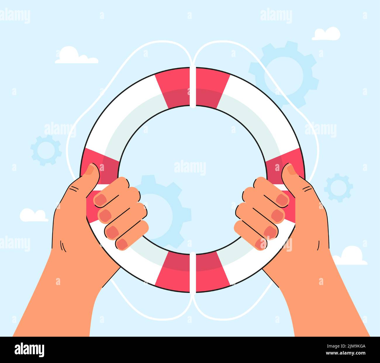 Hands holding lifebuoy flat vector illustration. Life ring in