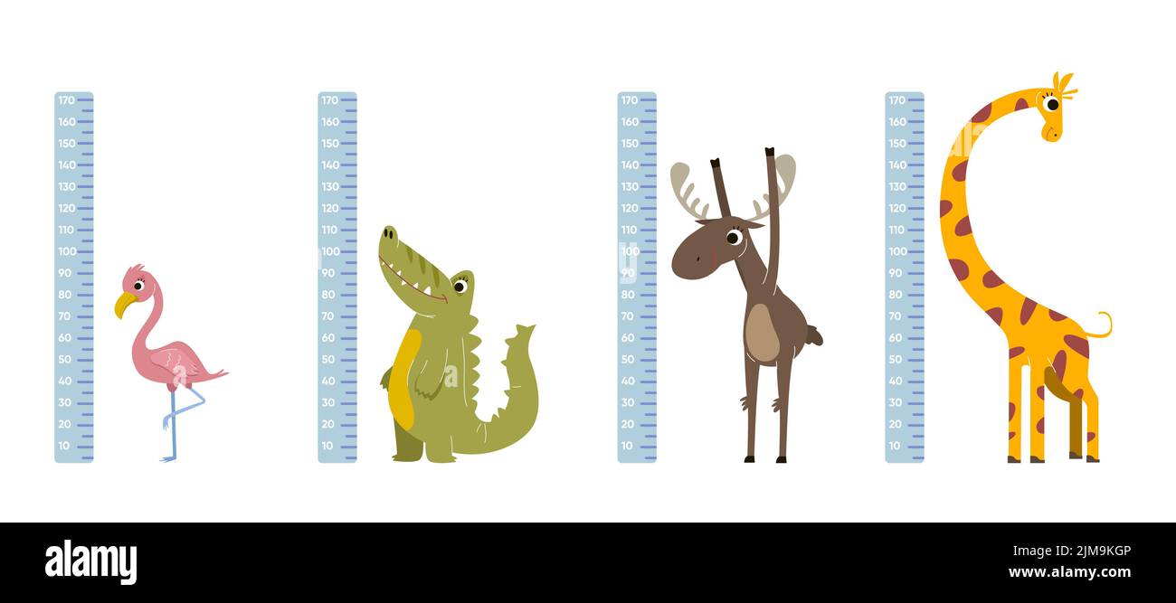 Height rulers with comic animals vector illustrations set. Wall stickers for measuring height of children with cute giraffe, crocodile cartoon charact Stock Vector