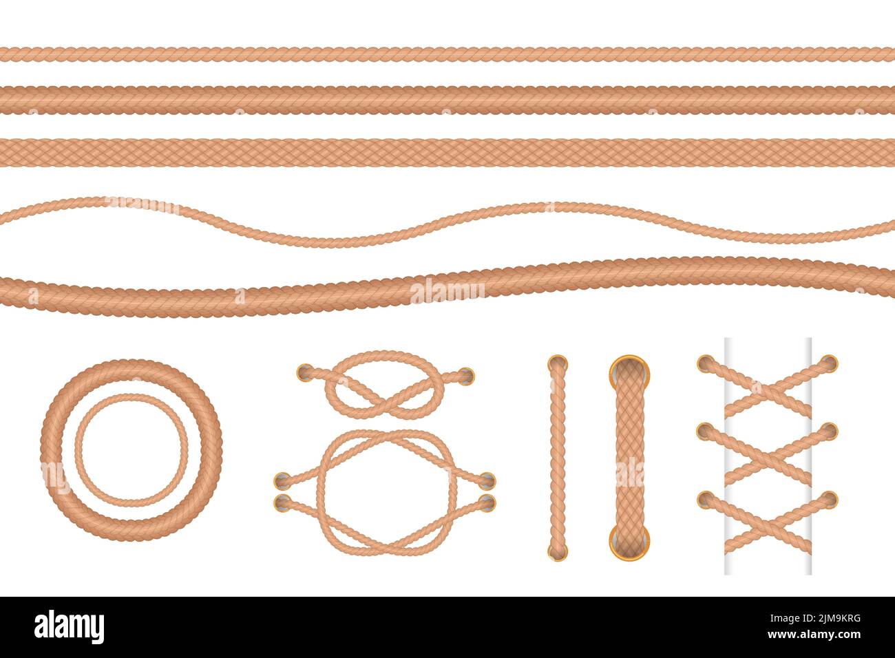 Different types of rope vector illustrations set. Collection of cartoon drawings of marine knots and loops, nautical border isolated on white backgrou Stock Vector