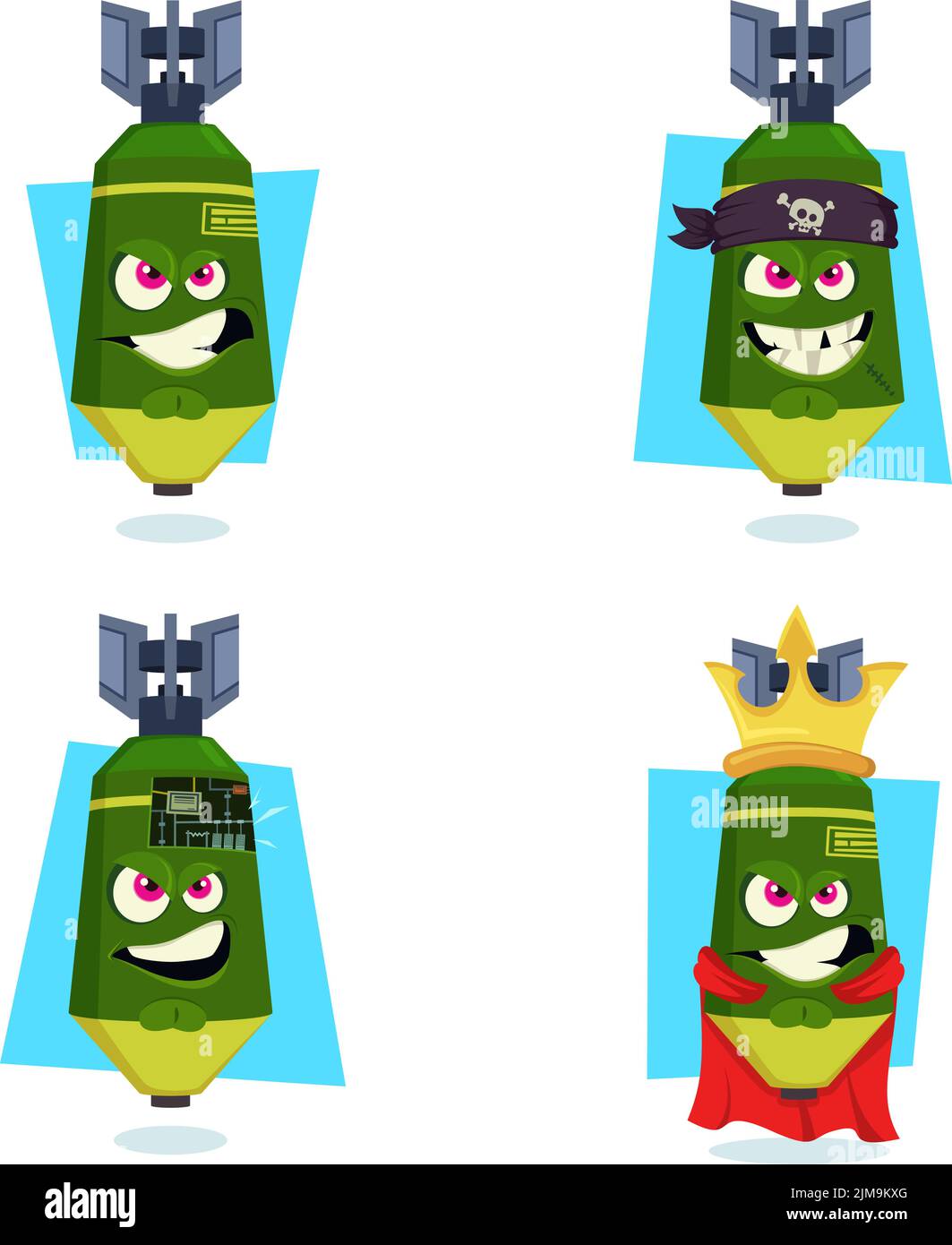 Set of hand-drawn aggressive missiles sneering, with pirate headband, with mechanism, mantle and crown Stock Vector