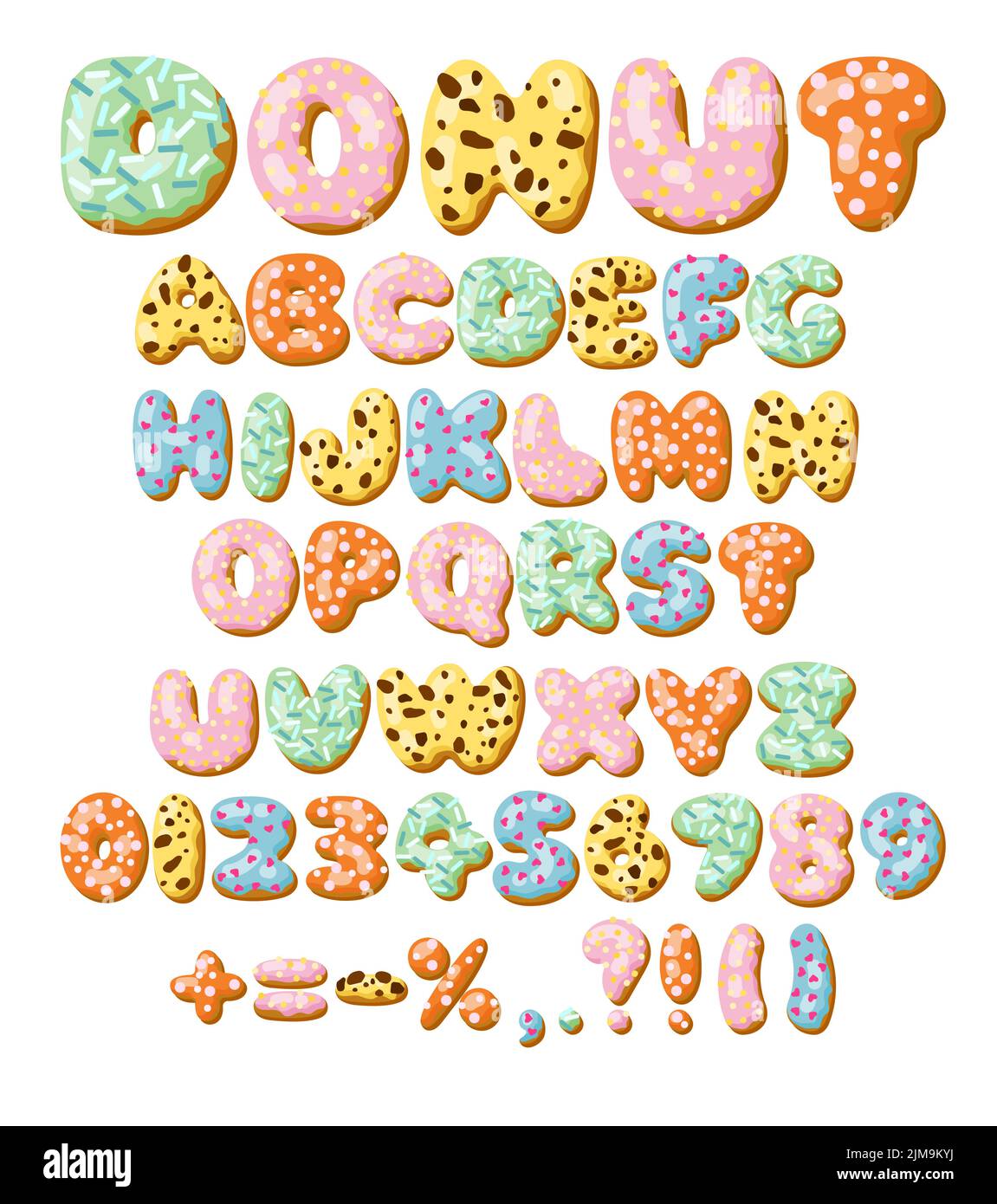 Letters and numbers in donut font vector illustrations set. Designs of