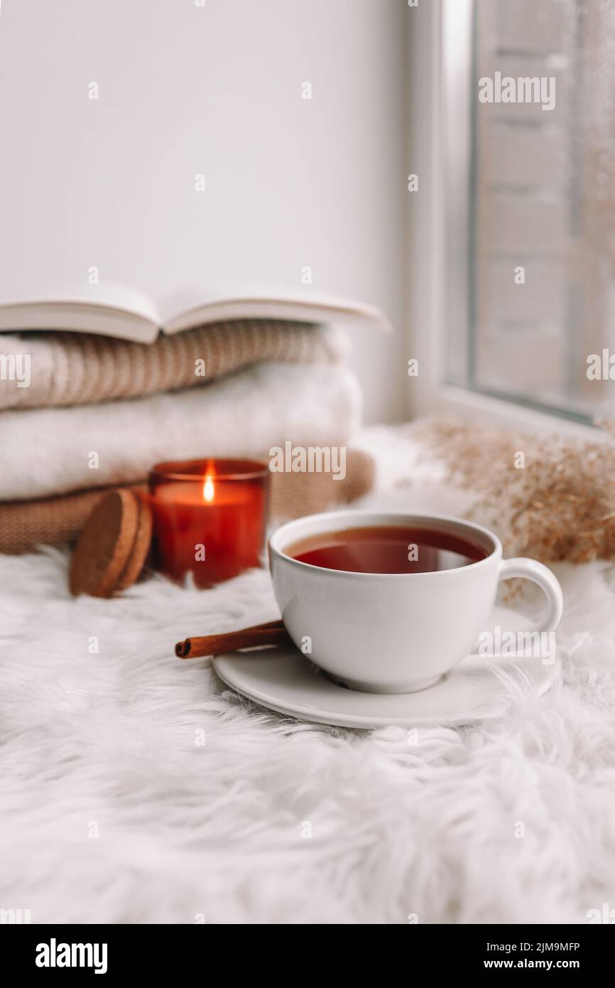 Beautiful autumn composition with burning candle and cup of tea on window sill Stock Photo