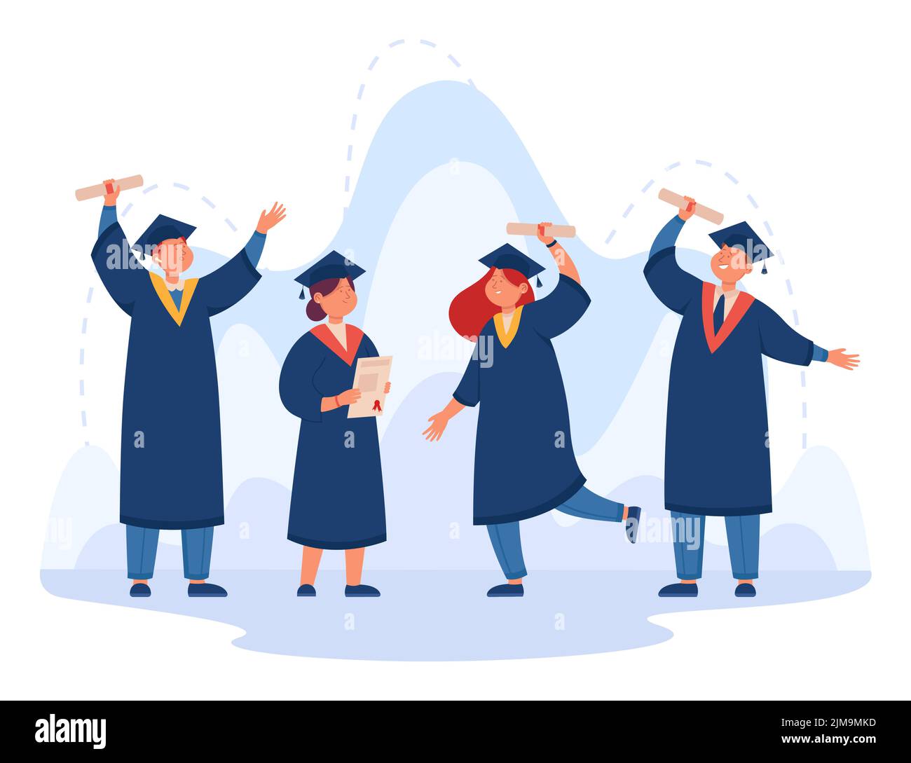 Happy cartoon college or university students holding diplomas. People getting degree, certificate, academic success flat vector illustration. Educatio Stock Vector