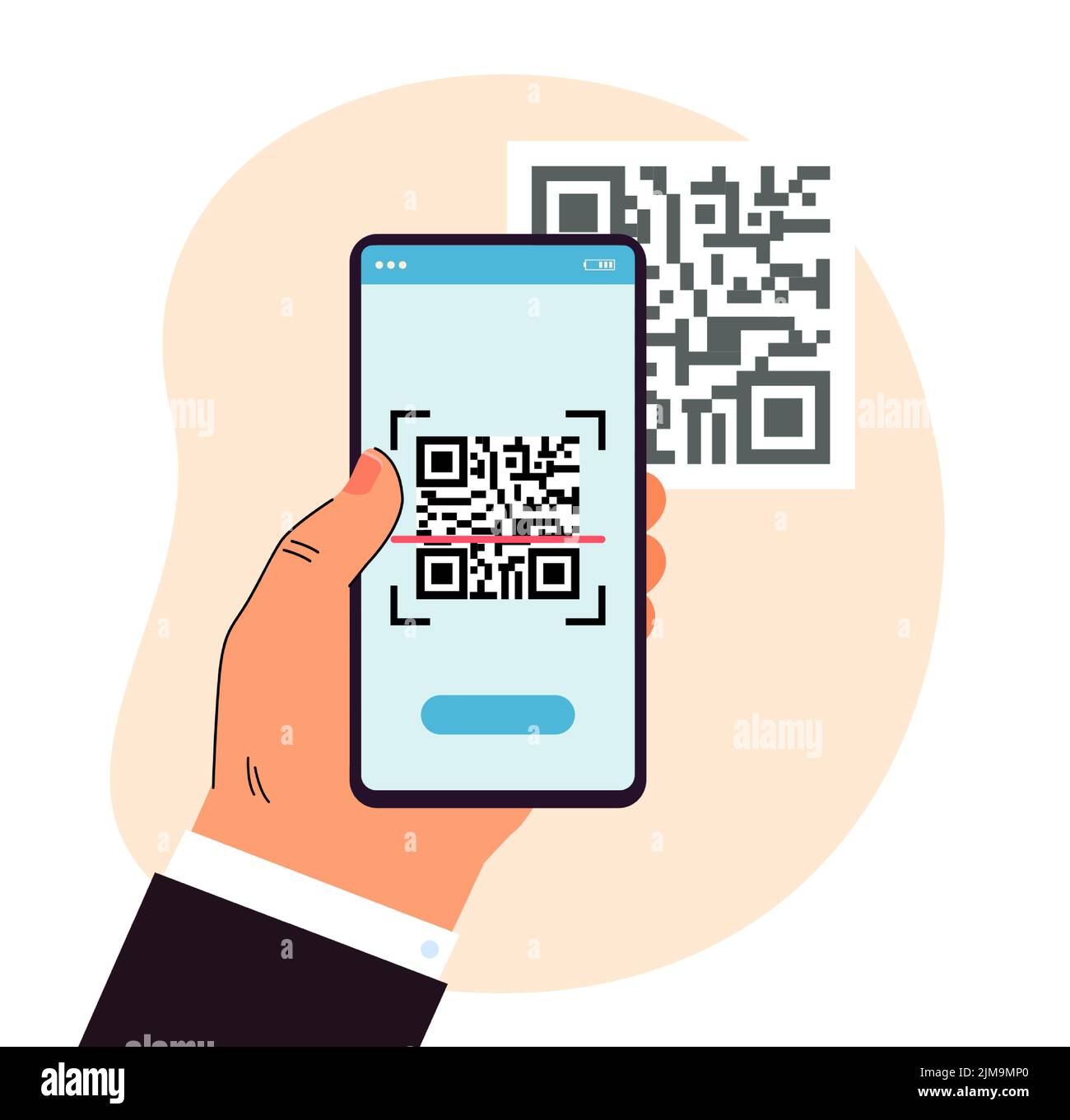 Man scanning QR-code with mobile phone. Male hand holding device directed at code. Modern technology concept for banner, website design or landing web Stock Vector