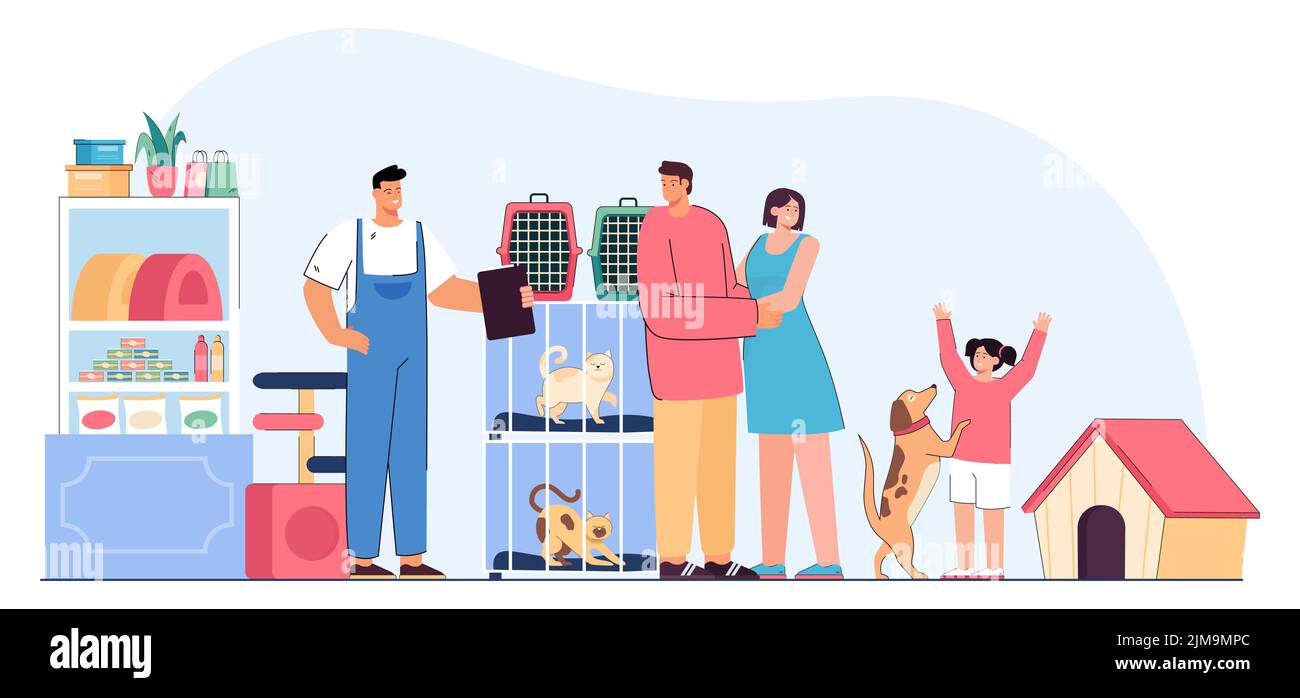 Family with kid in pet shop flat vector illustration. Happy mother, father and daughter taking dog from shelter, talking with owner. Cages with cats i Stock Vector