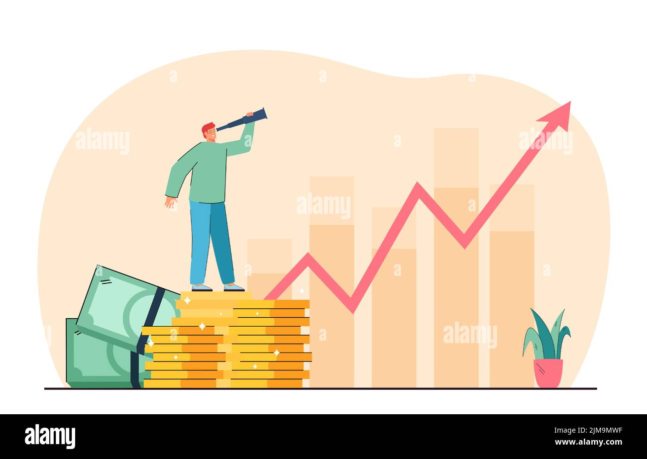 Tiny businessman with spyglass standing on stack of coins. Increase of ...