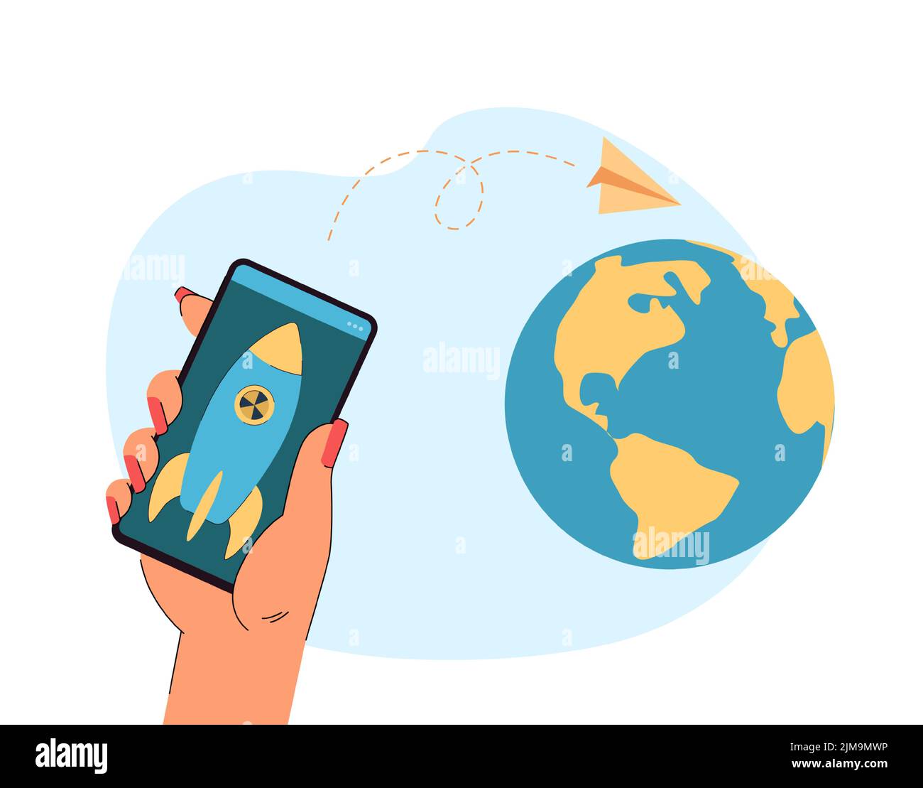 Missile on phone screen in human hand flat vector illustration. Globe in blue and yellow colors. Remote missile launch. Military, weapon concept for b Stock Vector