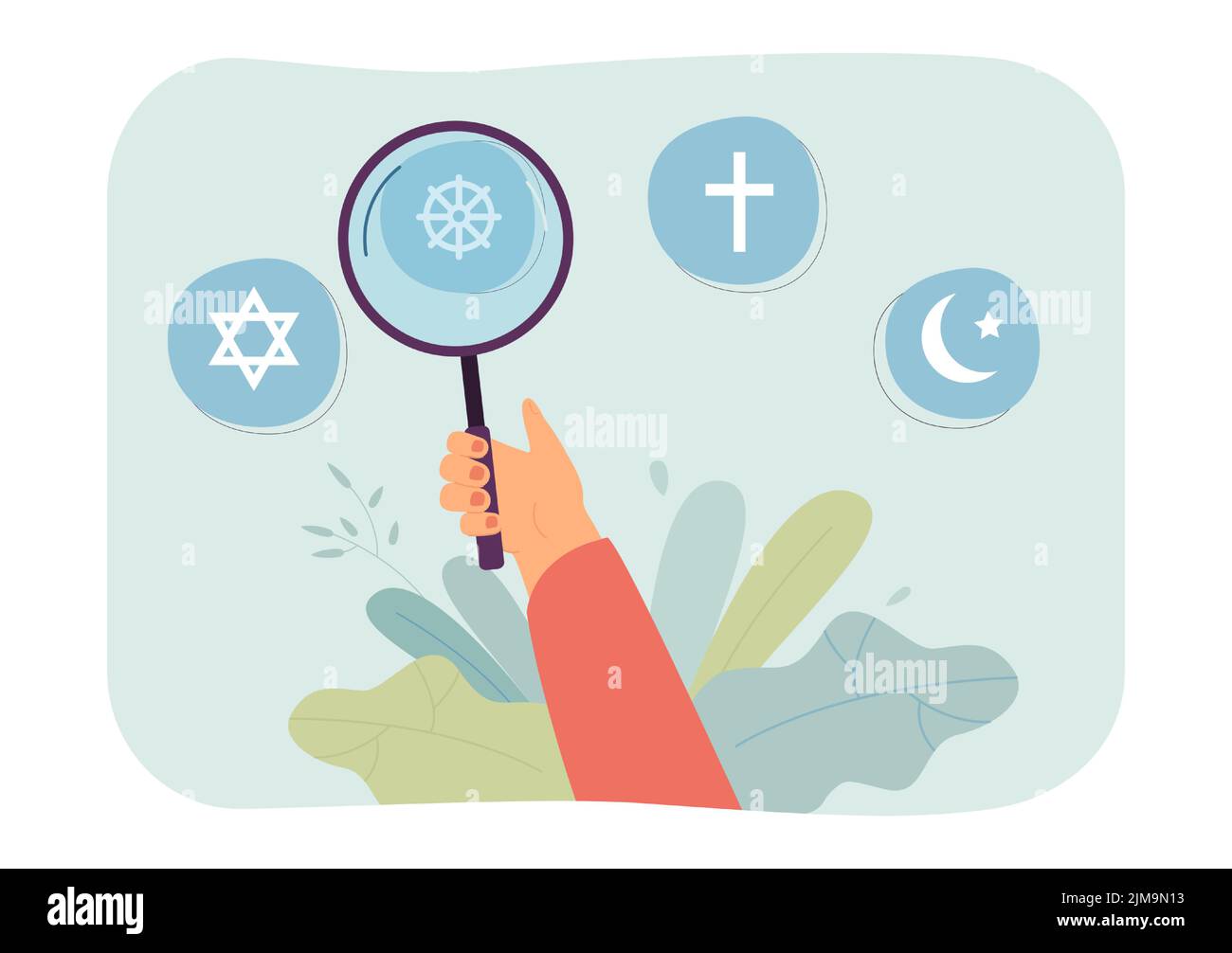 Person looking at religious symbols through magnifier. Buddhism, Christianity, Judaism and Islam symbols flat vector illustration. Religion concept fo Stock Vector