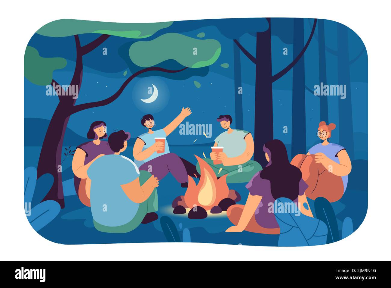 Happy people telling scary stories around campfire. Friends sitting by fire in camp at night in summer flat vector illustration. Communication, friend Stock Vector