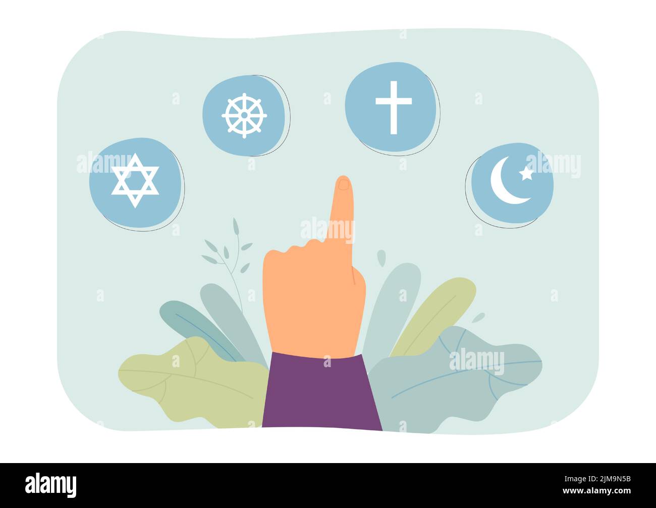 Finger pointing to signs of world religions. flat vector illustration. Sign of Christianity, Islam, Buddhism, Judaism.   Spirituality, faith concept f Stock Vector