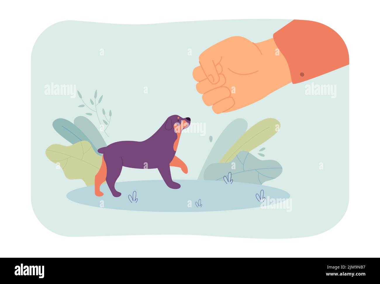 Huge fist threatening tiny dog flat vector illustration. Owner punishing pet for misbehaving or failing to obey command. Discipline, control concept f Stock Vector