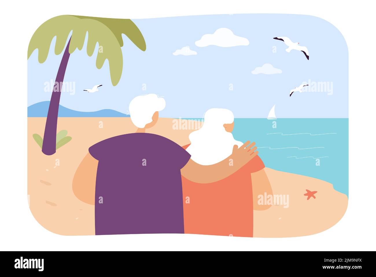 Senior couple relaxing on beach flat vector illustration. Back view of wife and husband hugging while admiring seascape on vacation. Love, travel conc Stock Vector
