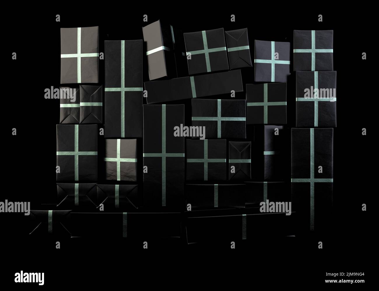 A stacked wall of different sized rectangular gift boxes wrapped in