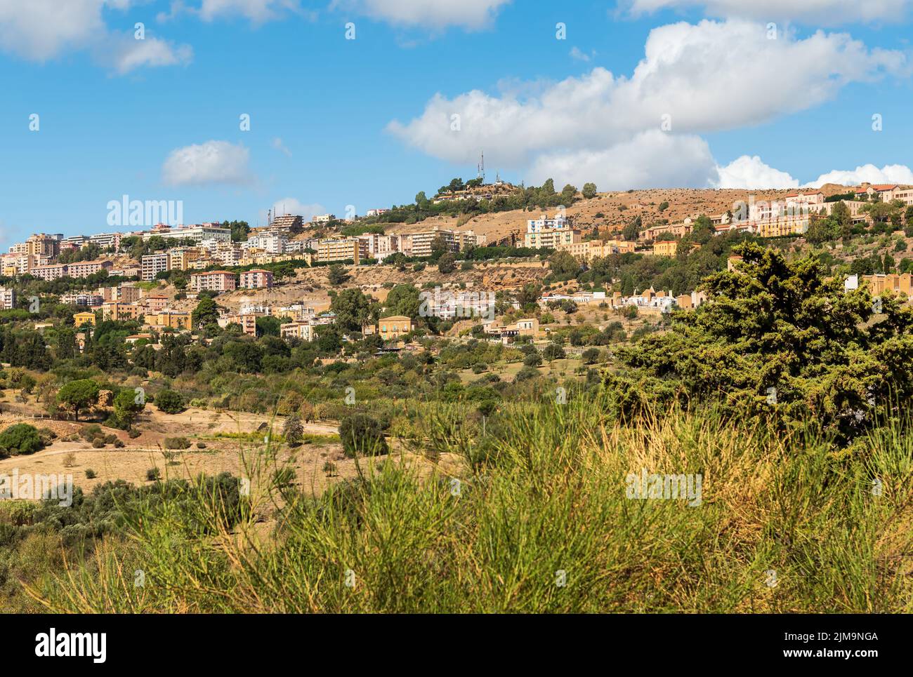 View of Agrigento town from the Temples Valley Archaeological Park, Sicily, Italy Stock Photo