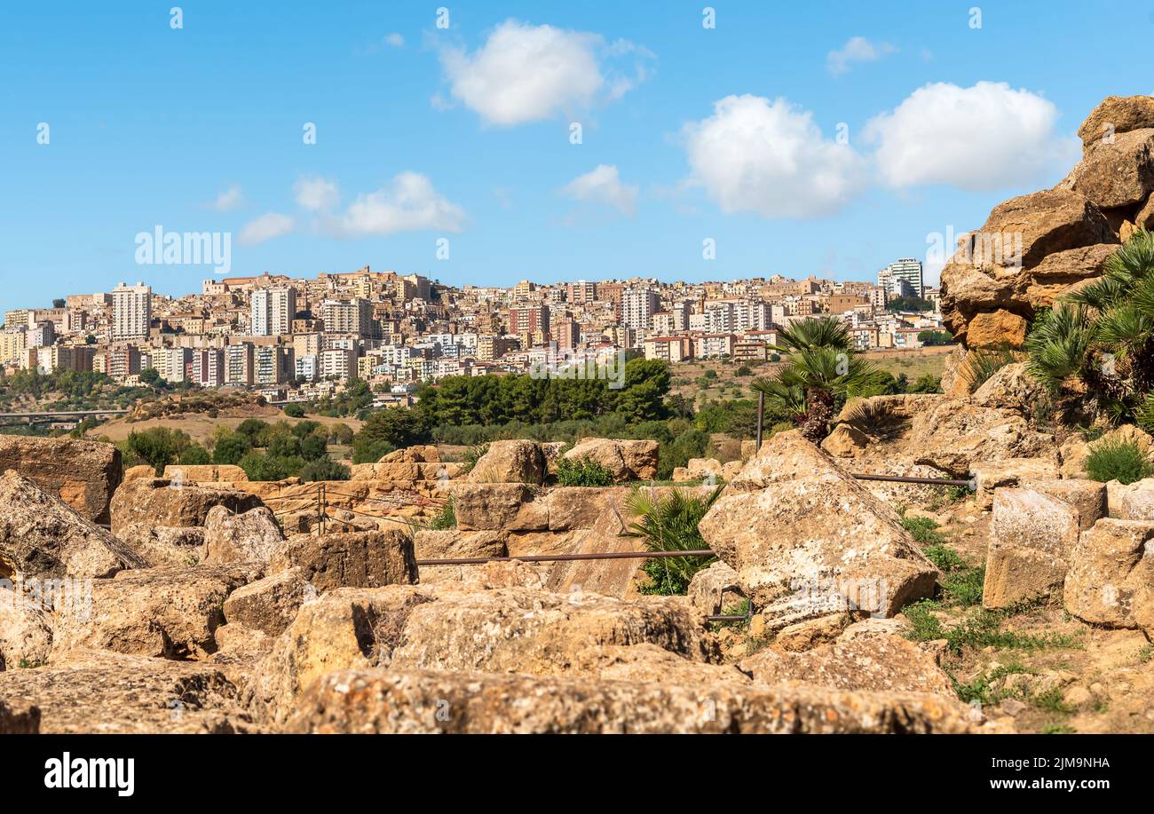 View of Agrigento town from the Temples Valley Archaeological Park, Sicily, Italy Stock Photo