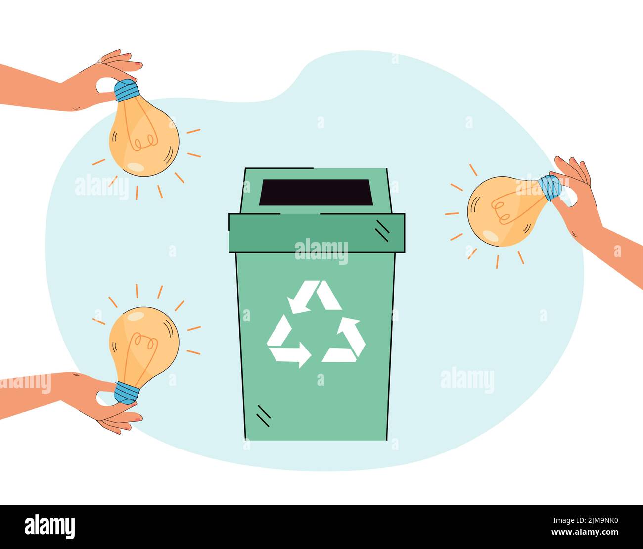 Light bulbs recycling flat vector illustration. Garbage container