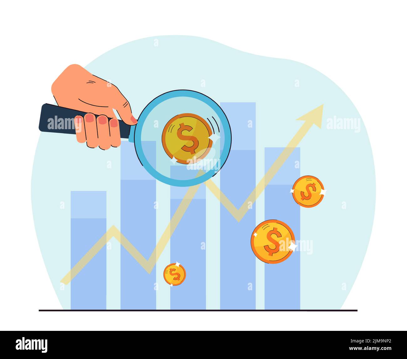 Person analyzing financial chart. Hand holding magnifying glass against charts with coins. Finance, banking, business concept for banner, website desi Stock Vector
