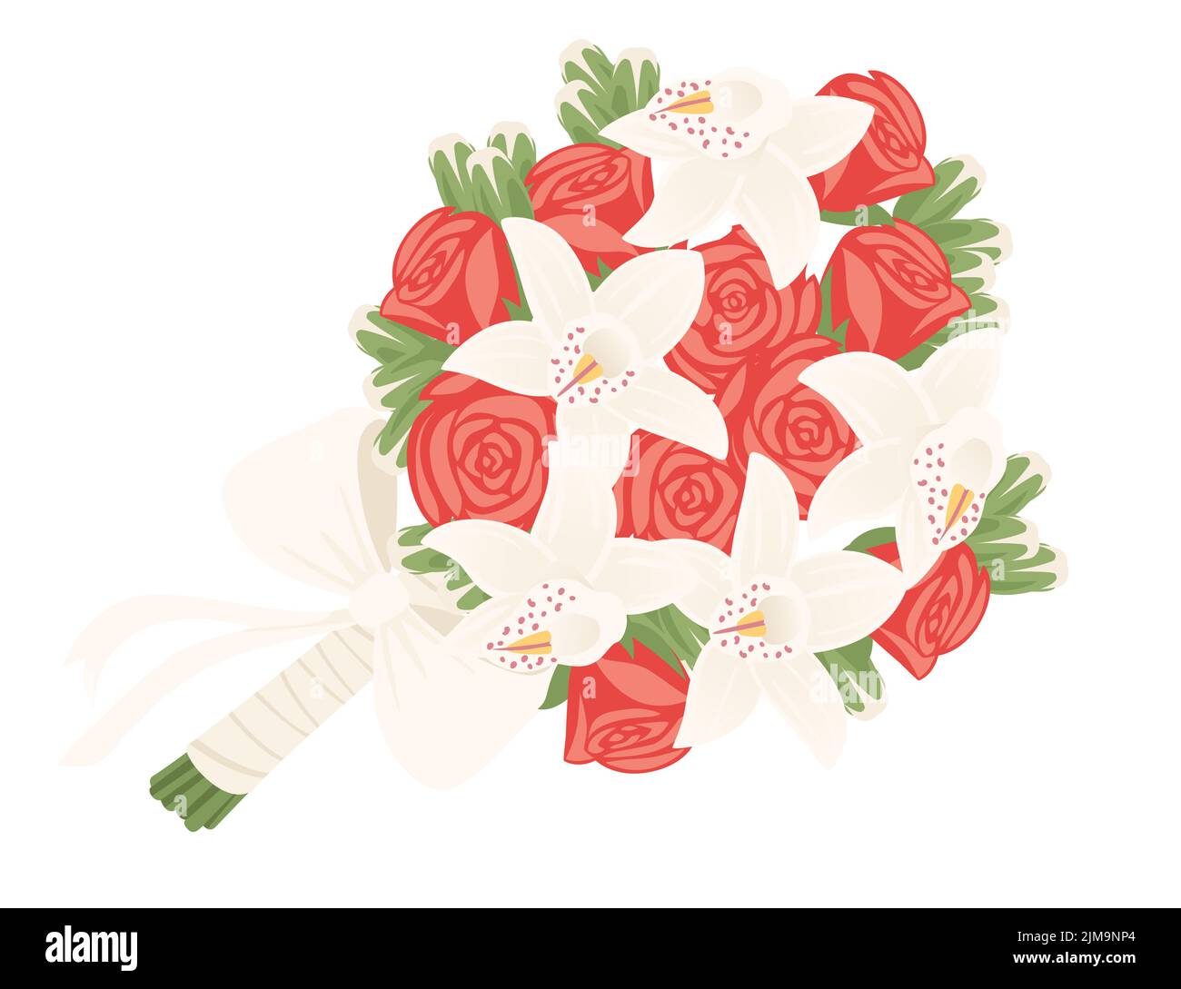 Bouquet of lily flowers with rose wrapped in paper with a white ribbon ...