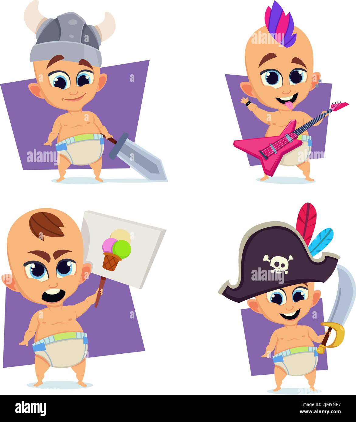 Set of cute hand-drawn babies wearing Viking helmet, playing guitar, holding ice cream banner, wearing pirate hat Stock Vector