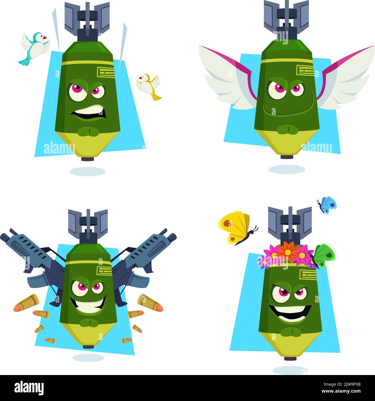 Set of hand-drawn aggressive missiles with birds, wings, firearms, flowers and butterflies Stock Vector