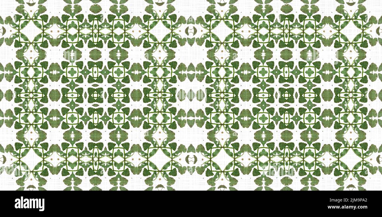 Foliage kaleidoscope seamless border pattern. Trendy optic fresh design for edging fabric. Geometric leaf abstract textile banner tape design.  Stock Photo