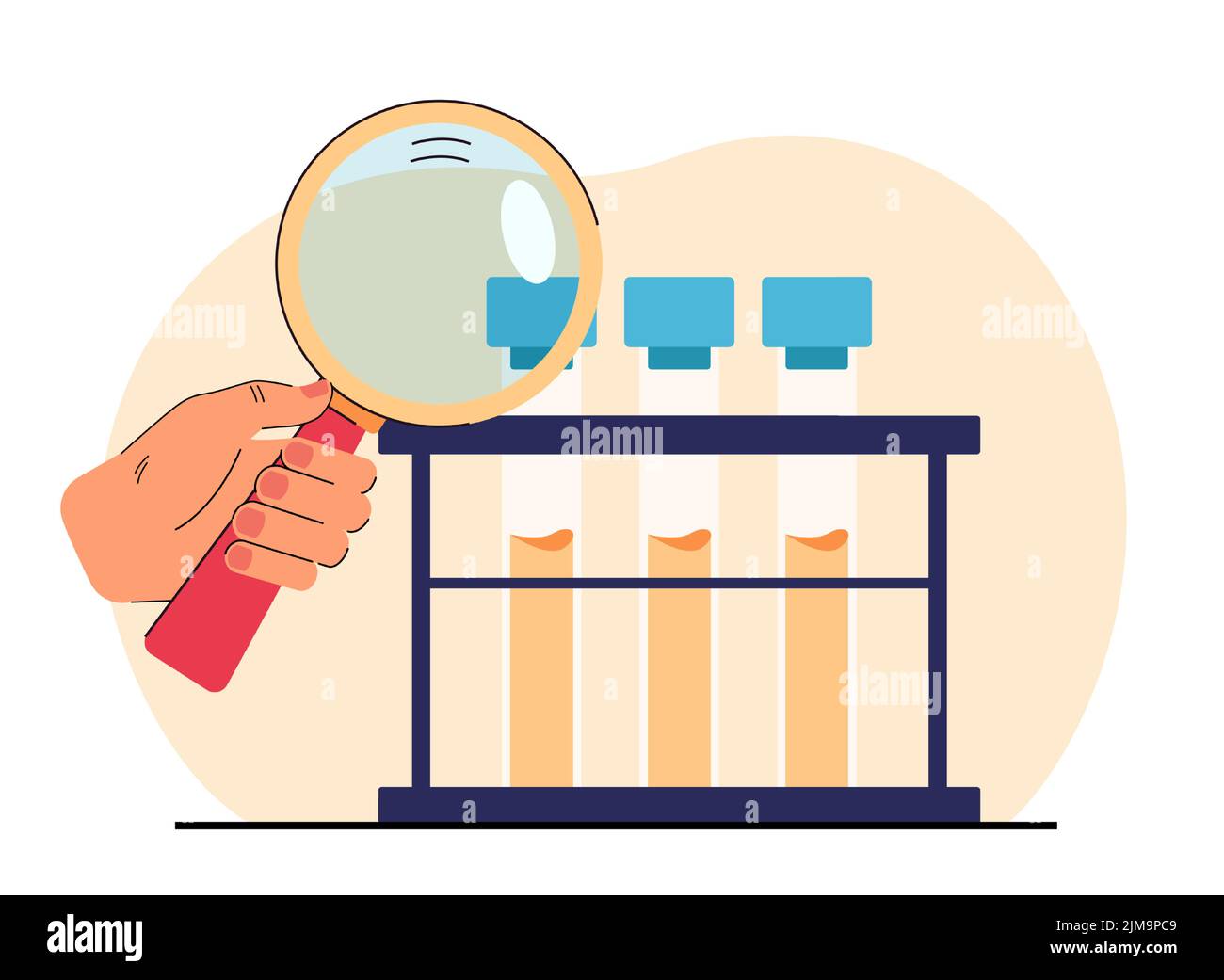 Hand holding magnifying glass and examining glass tubes. Scientist