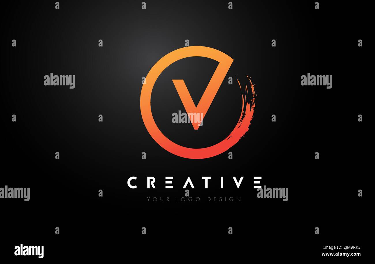 Orange V Circular Letter Logo with Circle Brush Design and Black