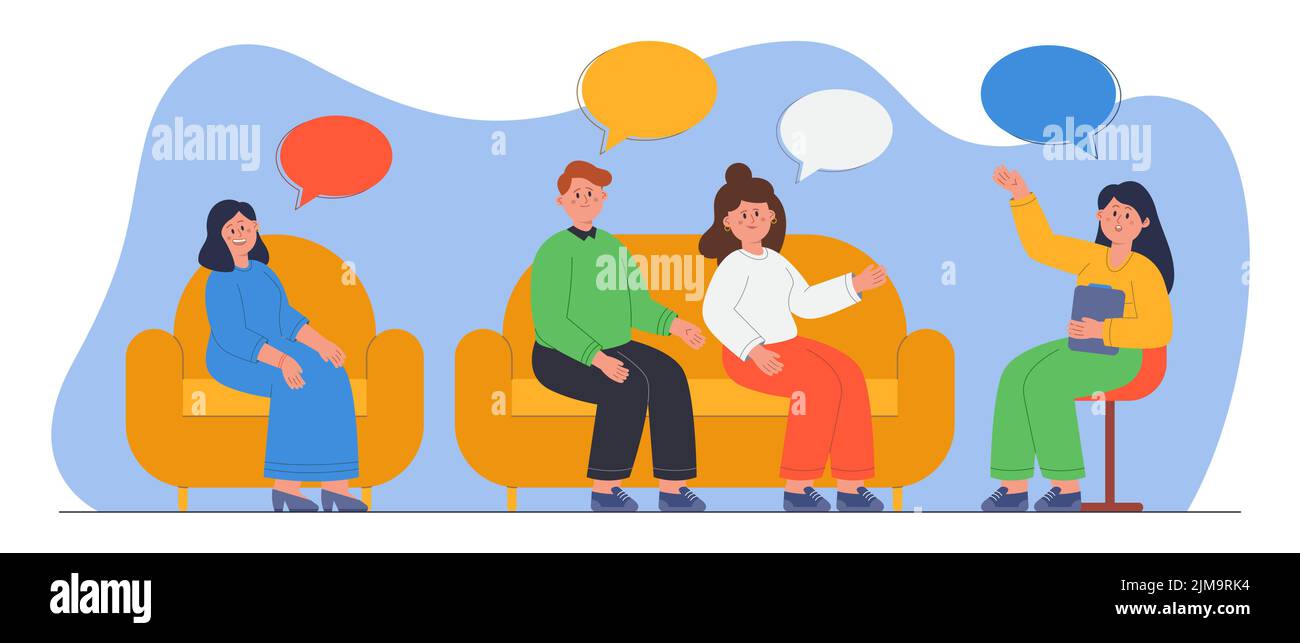People on group psychotherapy session flat vector illustration. Psychologist talking with patients, discussing life problems. Man and women taking car Stock Vector
