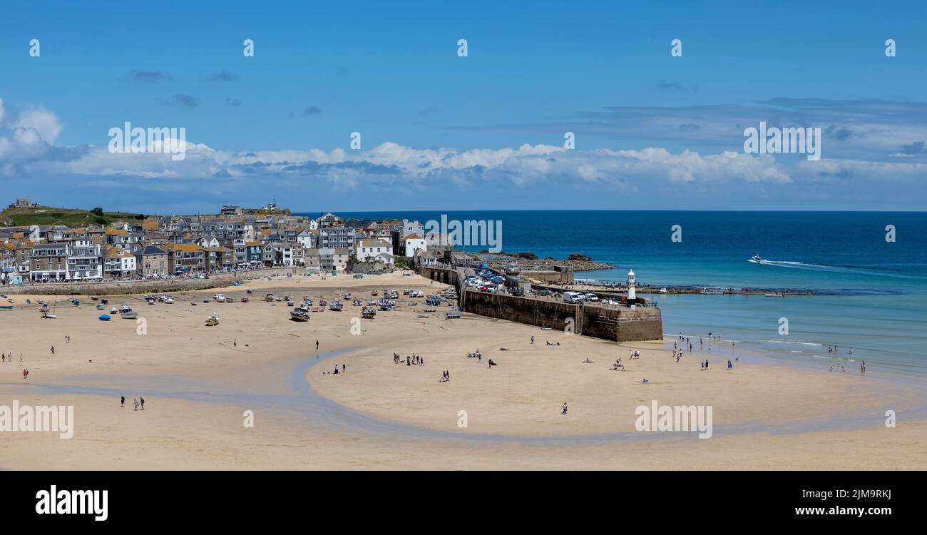 panoramic view of st ives beach town and harbour cornwall with many people Stock Photo