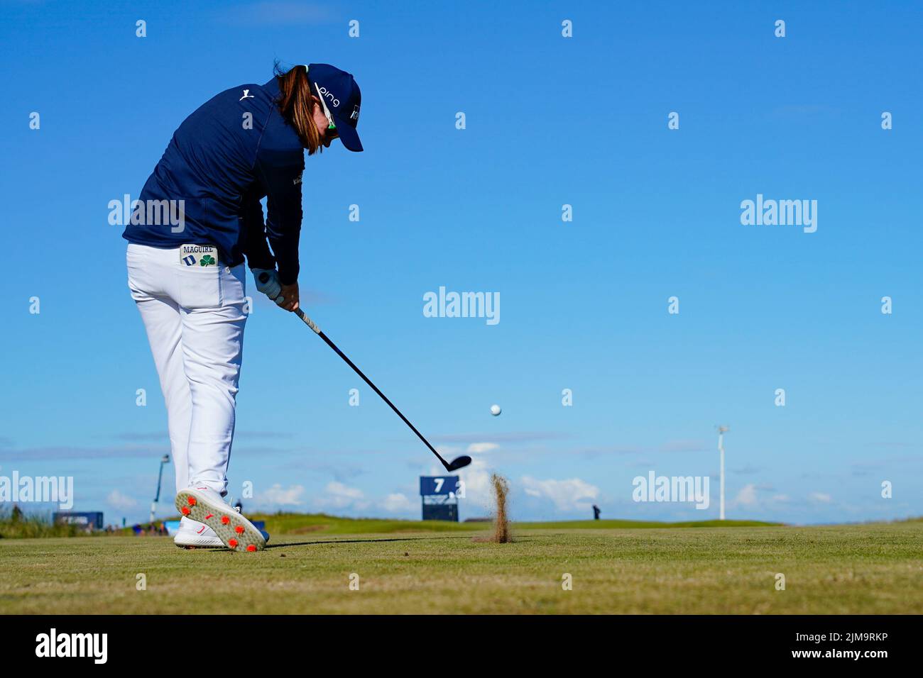Gullane, Scotland, UK. 5th August 2022. Second round of the AIG Women’s Open golf championship at Muirfield in East Lothian. Pic; Leona Maguire plays tee shot on 7th hole.  Iain Masterton/Alamy Live News Stock Photo