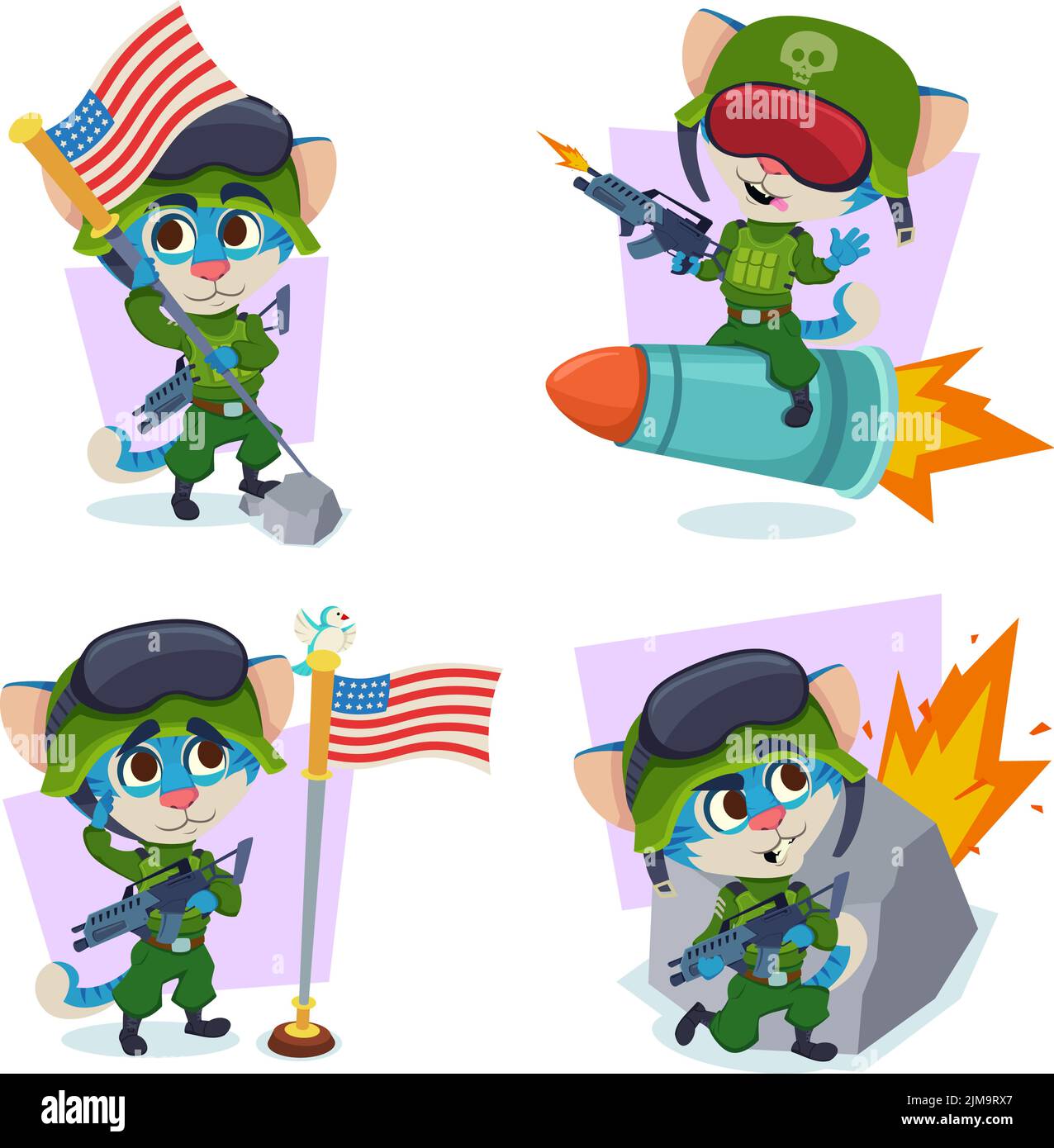 Set of hand-drawn soldier cats holding American flag, flying on missile, saluting, hiding during bomb attack Stock Vector