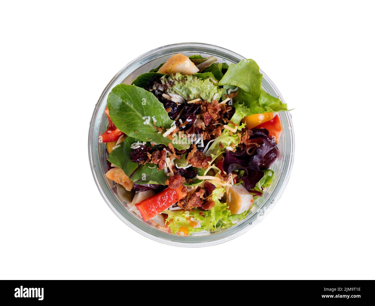 Top view of mixed salad in glass container isolated on white background Stock Photo