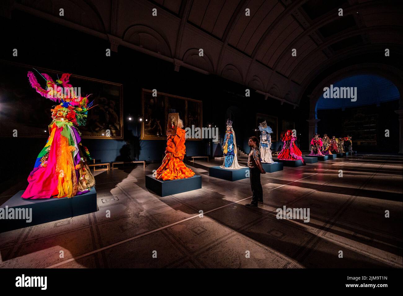 London, UK. 5th Aug, 2022. Fashion in Motion: Daniel Lismore at the V&A. Labelled by Vogue as ‘England's Most Eccentric Dresser', sustainability is key to his design philosophy. He wears his new ‘Jubilee Look' alongside 11 life-size mannequins - standing at 6'4” -which celebrate the social, historical and cultural themes. Credit: Guy Bell/Alamy Live News Stock Photo