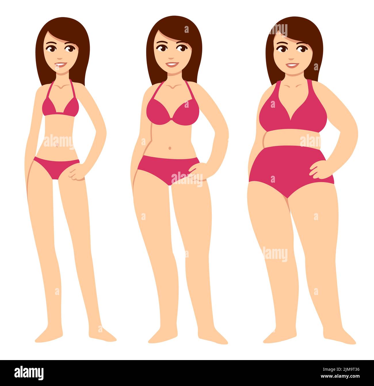 Three cartoon young women of various body types: skinny, average and chubby. Girls in red bikini with different coverage. Cute vector illustration set Stock Vector