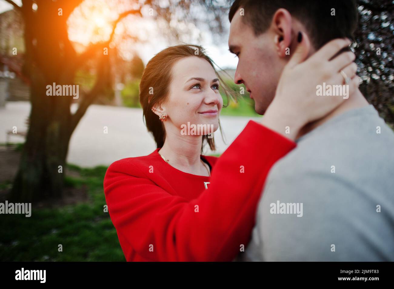 Close up portrait of couple in love. Girl looking at eyes of her boyfriend Stock Photo