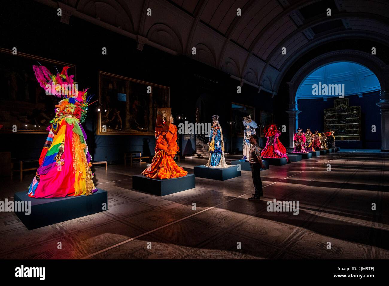 London, UK. 5th Aug, 2022. Fashion in Motion: Daniel Lismore at the V&A. Labelled by Vogue as ‘England's Most Eccentric Dresser', sustainability is key to his design philosophy. 11 life-size mannequins - standing at 6'4” -which celebrate the social, historical and cultural themes. Credit: Guy Bell/Alamy Live News Stock Photo