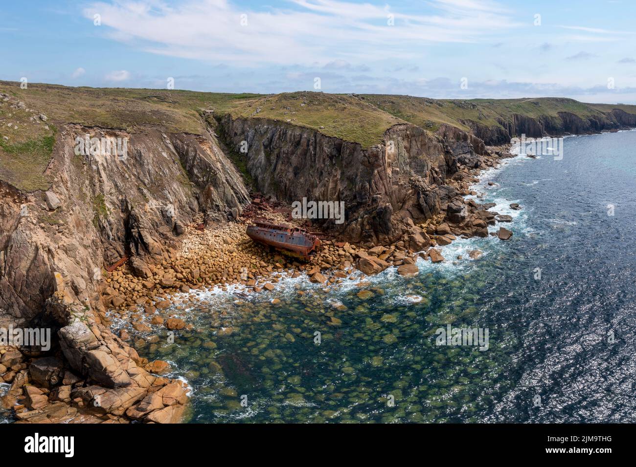 wreck of the Mulheim at Sennen Cove Cornwall elevated view towards Lands End Stock Photo