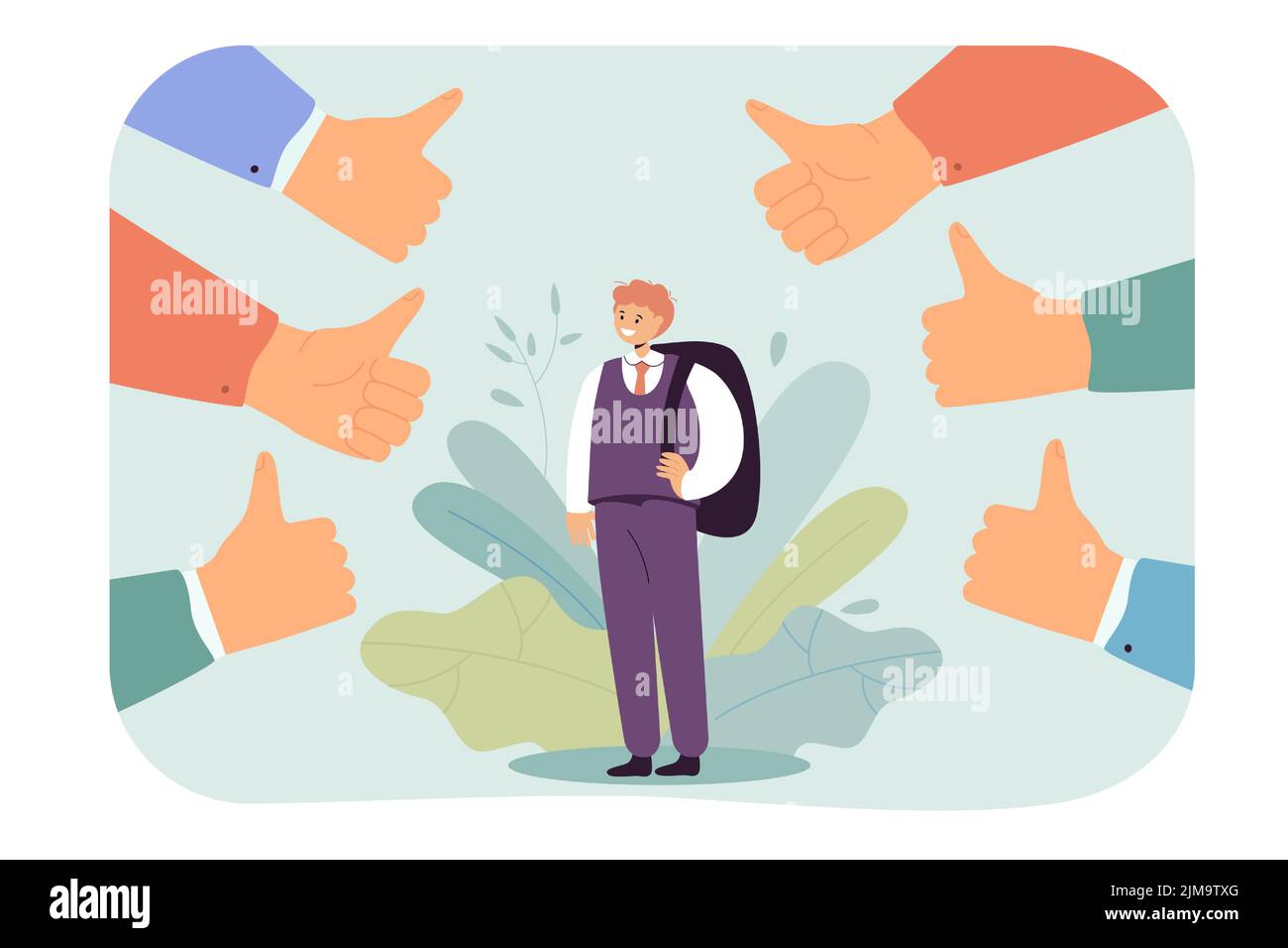 Pupil with backpack surrounded by thumbs up. Boy in official suit being respected by society flat vector illustration. Education, public opinion conce Stock Vector